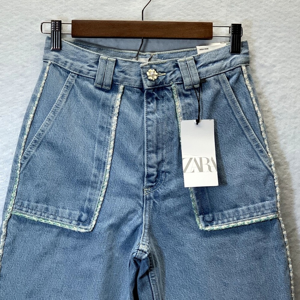 Zara Jeans Womens 4 Tweed Trim Light Wash Hi Rise Wide Leg Cropped Flower Button - Picture 13 of 14